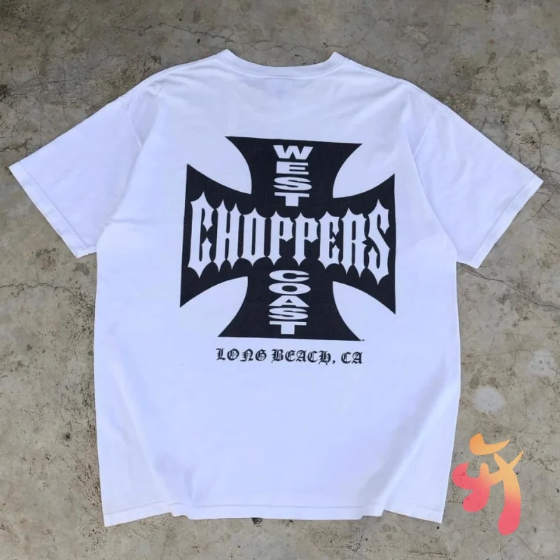

Black White Summer West Coast Choppers Tshirts American Street Loose Cross Scroll Print Slogan Logo Men Women Short Sleeves