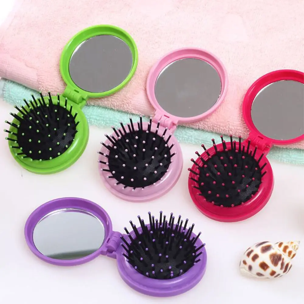 Compacta escova de cabelo dobrável, portátil viagem pente, espelho cosmético incluído, couro cabeludo massageador, beleza ferramentas