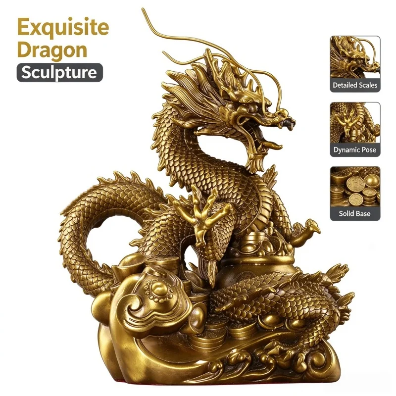 Brass Chinese Dragon Statue Feng Shui Wealth Figurine Handcrafted Loong Sculpture Home Office Decor Collectible Ornament Gift