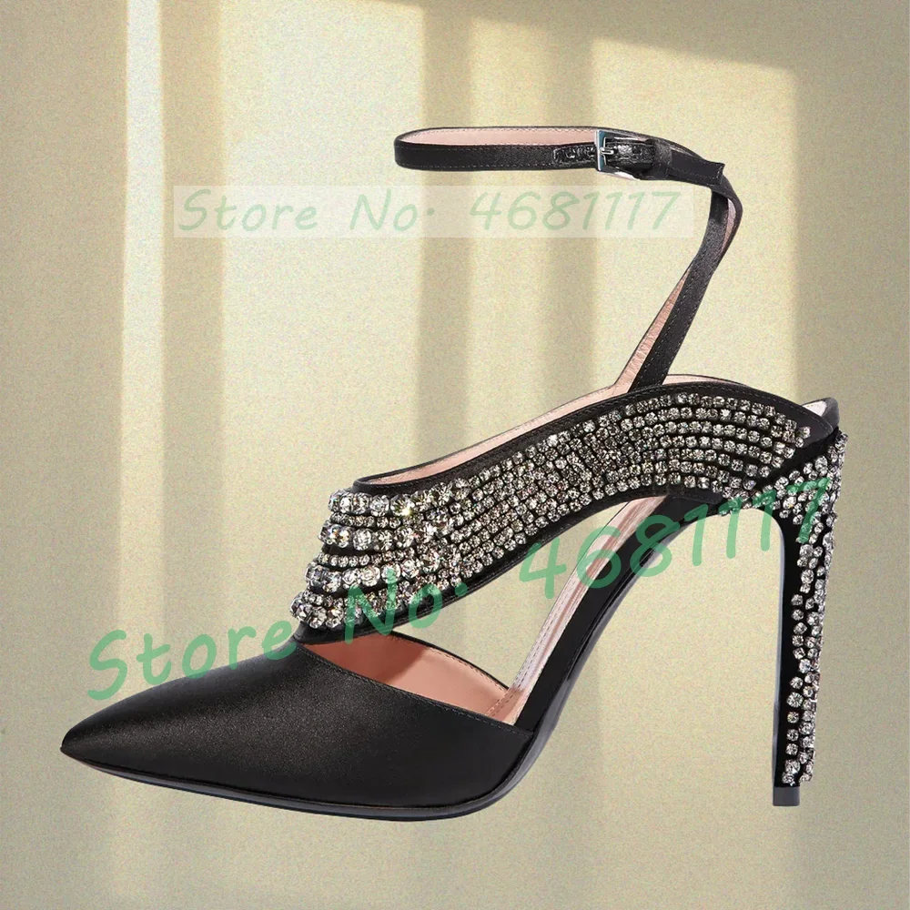 

Silver Crystal Strap Black Satin Sandals Women Bling Pointed Toe Glittery Heeled Shoes Ladies Eveneing Party Classy Sandals