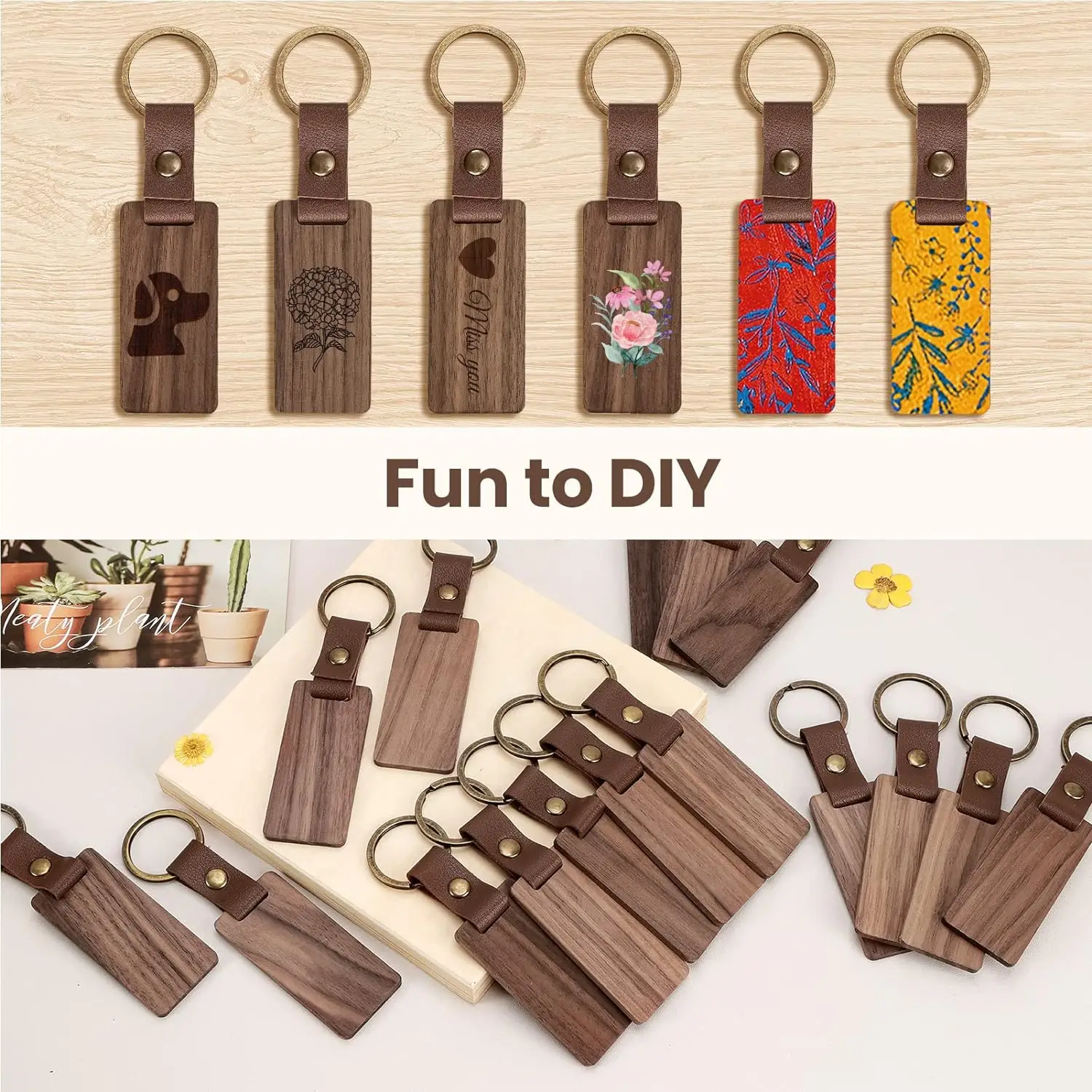 10 PCS Leather Wood Keychain Blank Wooden Keychain Blanks with Leather Strap Unfinished Wooden Keychains for Laser Engraving