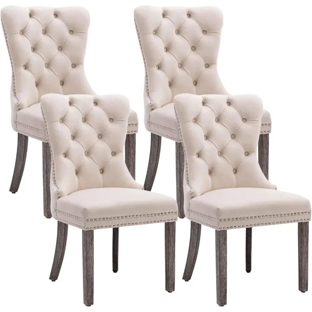 Velvet Dining Chairs,Tufted Dining Room Chairs with Nailhead Ring Pull Trim, Upholstered with Solid Wood Legs for Dining Room