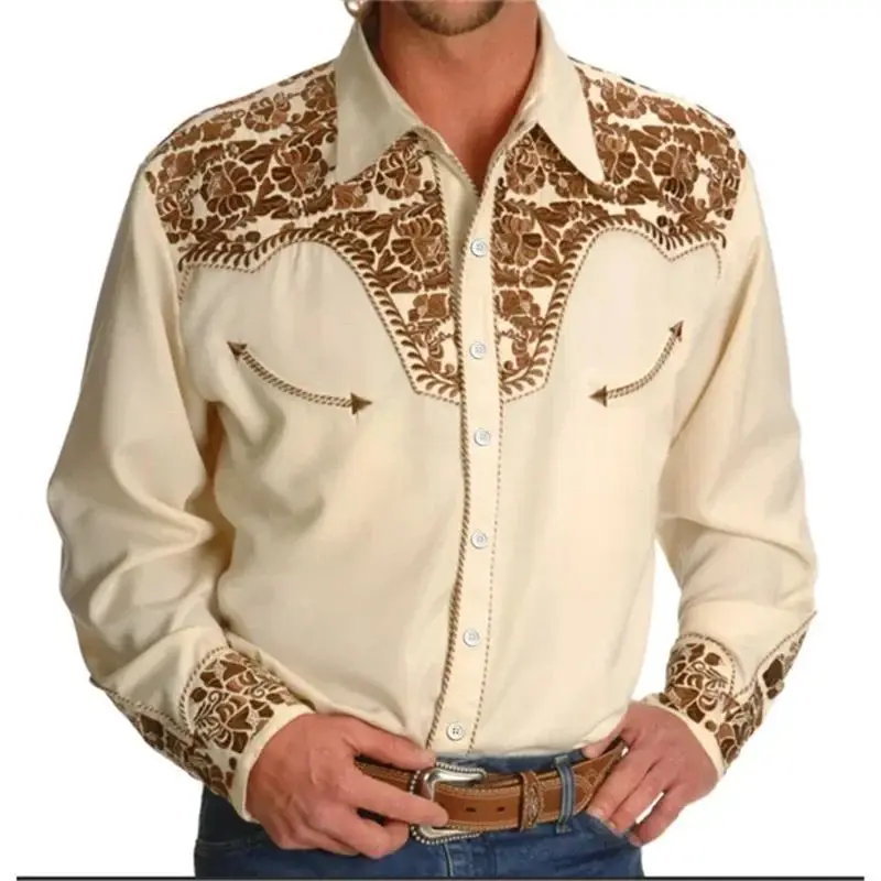 Men's Western Vintage Pattern Lapel Long Sleeve Buttoned Thickened Fleece Autumn  Collar Denim Shirt Special Wide Fit