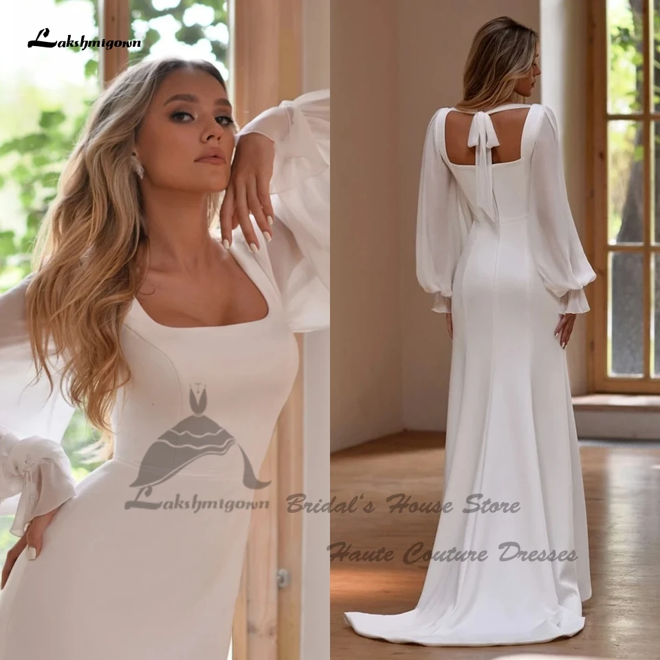 

Lakshmigown White Puffy Long Sleeve Wedding Dresses Mermaid Vestidos 2024 Elegant Crepe Mermaid Bridal Gowns Square Neckline