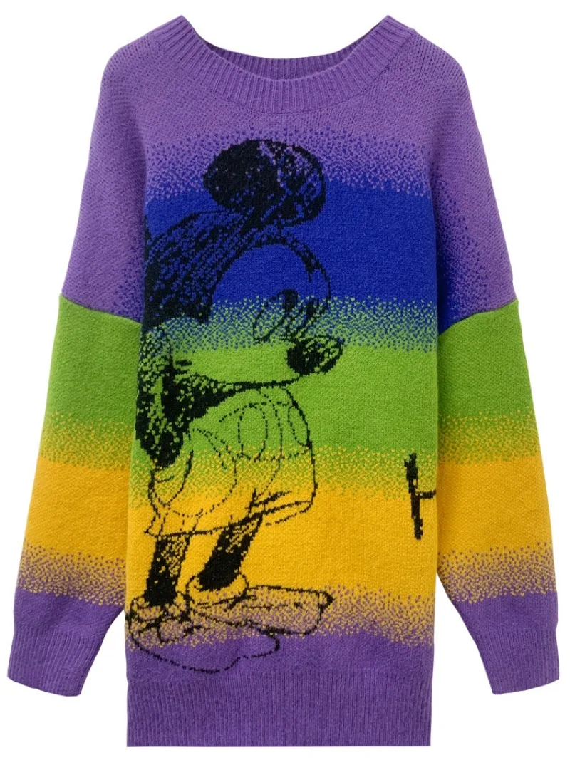 Disney Mickey Sweaters for Women Loose and Comfortable Cartoon Coat Female Mid Length Version Rainbow Thicken Kawaii Tops