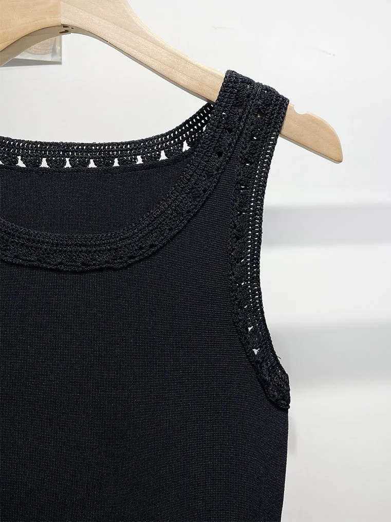 Wiosna Lato Nowa Modna Czarna Sukienka na Ramiączkach Dzianinowa Damska Elegancka Frędzle Okrągły Dekolt Dopasowana Bez Rękawów Szlafrok Domowy Damski