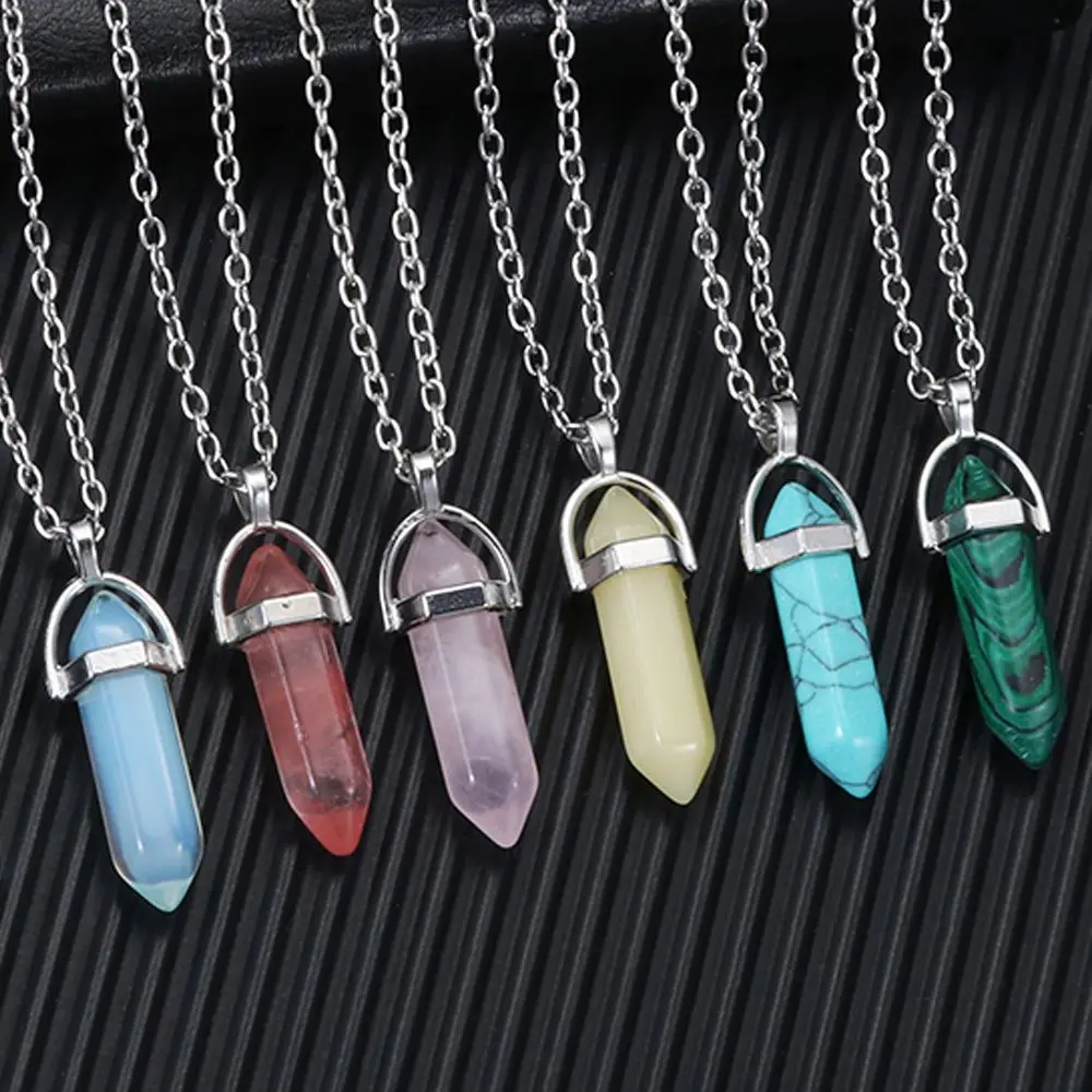 Fashion Hexagonal Stone Necklaces Natural Pink Crystal Pendant Necklace Statement Bohemian Column Quartz Jewelry for Women