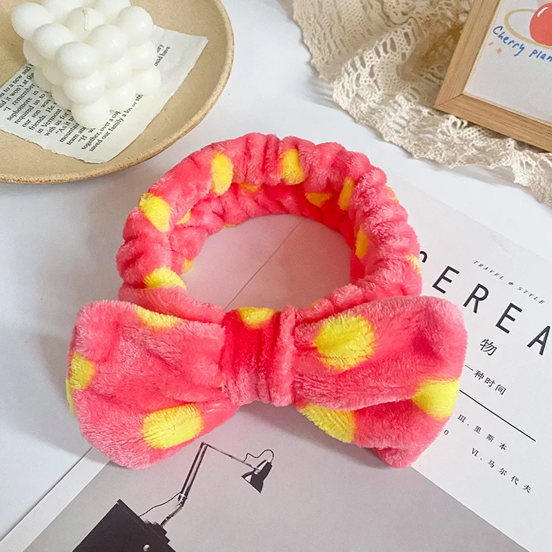 Red with Yellow Dot Spa Headband Bow HairBand Women Facial Makeup Coral Fleece Headwraps for Shower Wash Face Hair Accessories