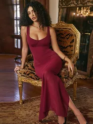 Mozision Mesh See Through Sexy Maxi Dress For Women Burgundy Spaghetti Strap Sleeveless Backless Elegant Club Party Long Dress