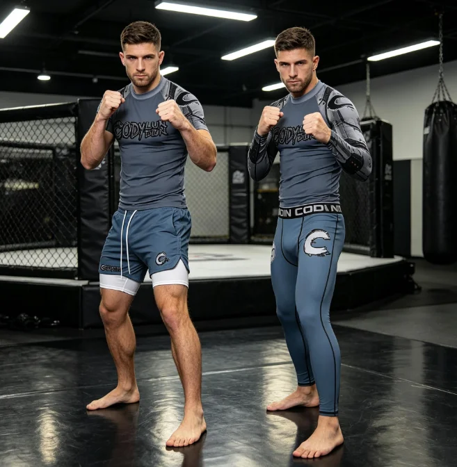 Men 4Pcs High Neck BJJ MMA Rash Guard Set Mechanical Armor Print Full Sleeve 2-in-1 Fight Shorts Pockets Compression Pants No-Gi