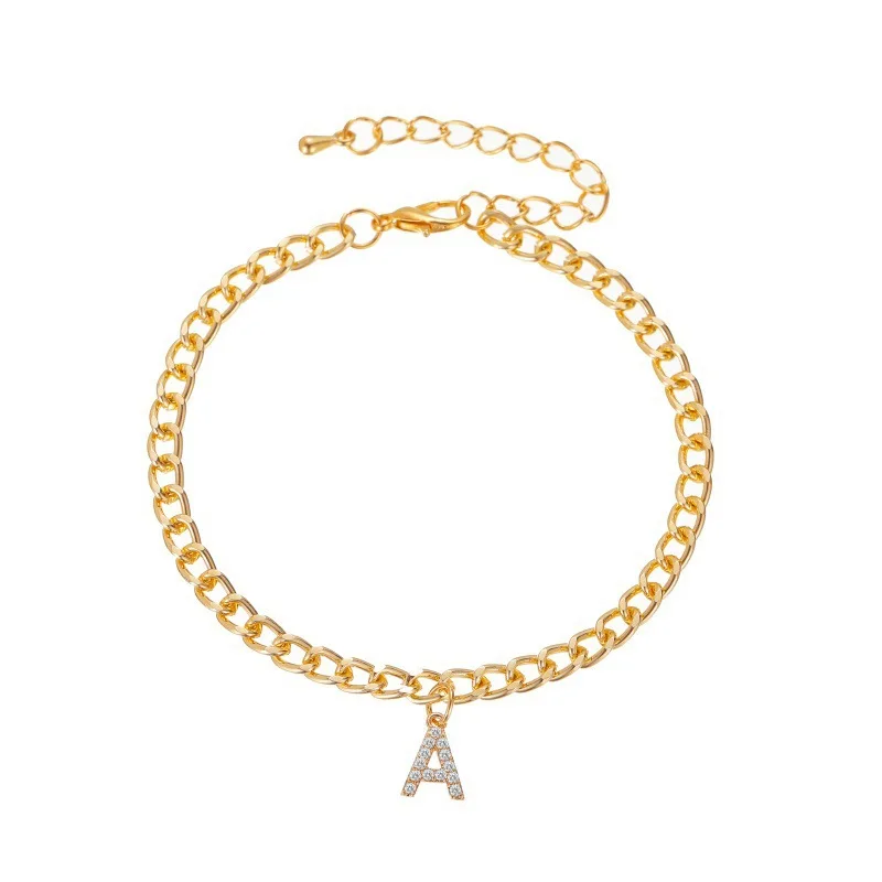 Crystal Initial Letter Anklets For Women Alphabet Cuban Link Foot Chain Beach Leg Chain Bracelets Boho Tiny Zircon Jewelry Gift