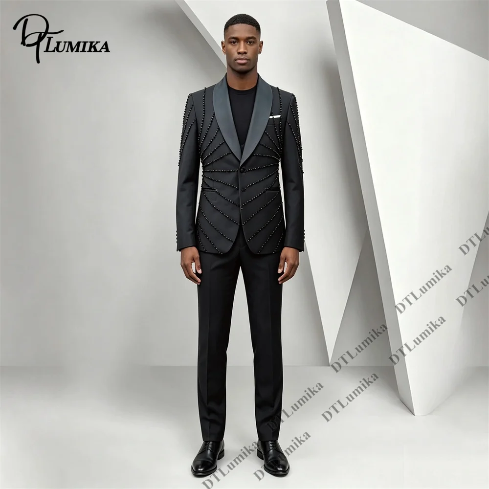 Men's 3 Piece Suit Beaded Line Pattern Blazer Pants Vest Shawl Lapel One Button Slim Fit Tuxedo Singer Stage Performance Prom