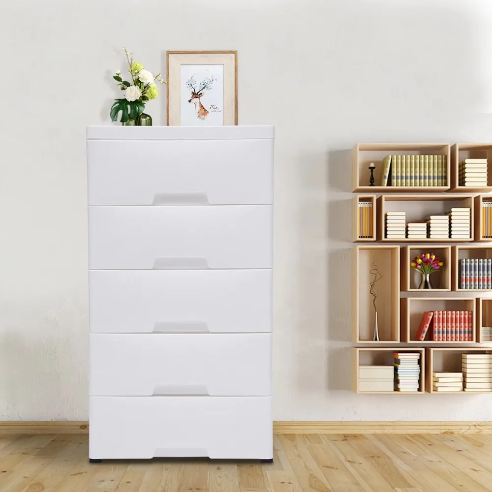 

White Plastic Drawers Storage Cart Mobile Cabinet with Casters, 5 Drawer Vertical Clothes Storage Tower Tall Chest Closet