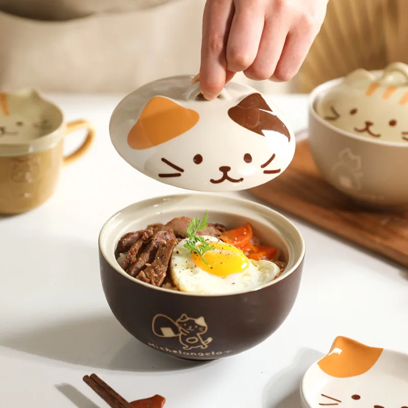 Cartoon Cat Ceramic Instant Noodle Bowl Japan Cute Cat Ceramic Bowl with Lid Fruit Bowl Cartoon Kitchen Tableware Lunch Box