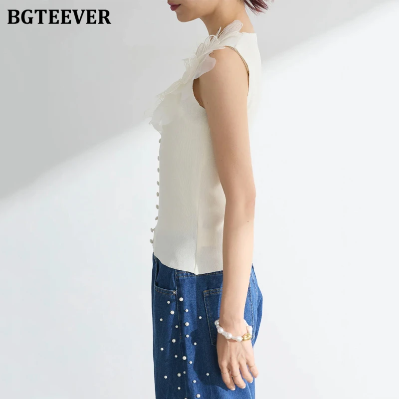 BGTEEVER Stijlvolle V-hals Single-breasted Vrouwelijke Gebreide Vesten Zomer Ruches Vrouwen Tank Tops Dames Hemdje