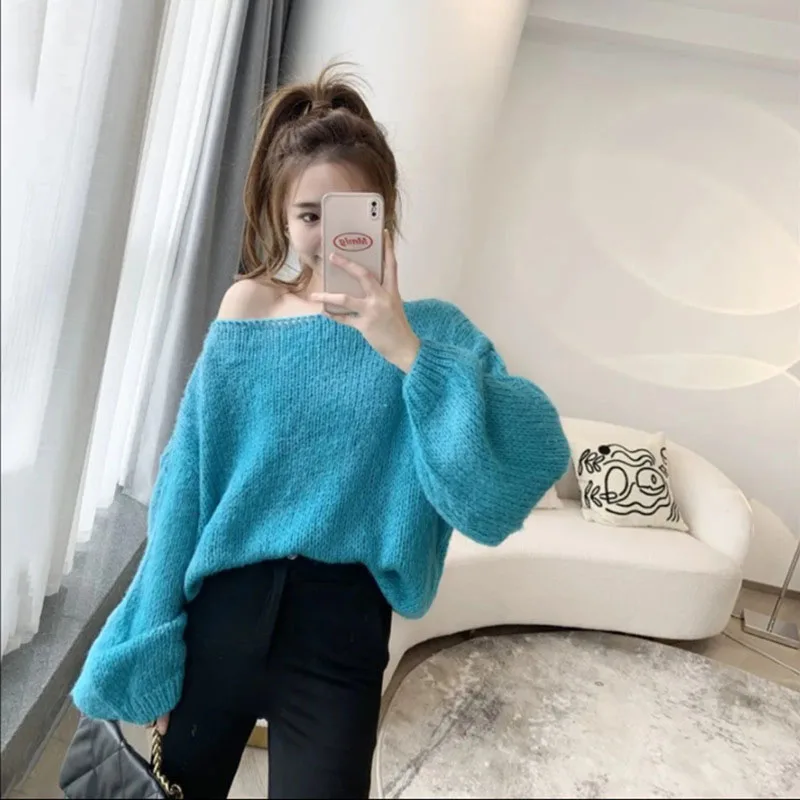 الكورية الأزياء قبالة الكتف سترة البلوز للنساء أنيقة المائل طوق محبوك لاعبا البرية فانوس كم البلوزات فضفاضة #5