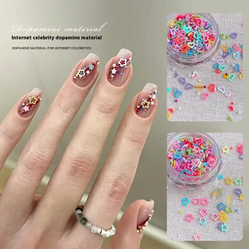 1Box Dopamine Nail Glitter Mixed Colored Hollow Out Heart-shaped Pentagram Pearl Nail Art Charms Nail Decoration Accessories