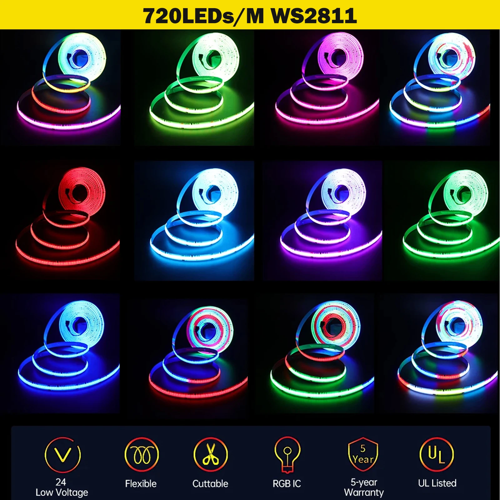 WS2811 Addressable RGBIC COB LED Strip Light 576 720Leds Full Dream Color Ribbon Tape FCOB LED Lights Magic Room Decor DC12V 24V