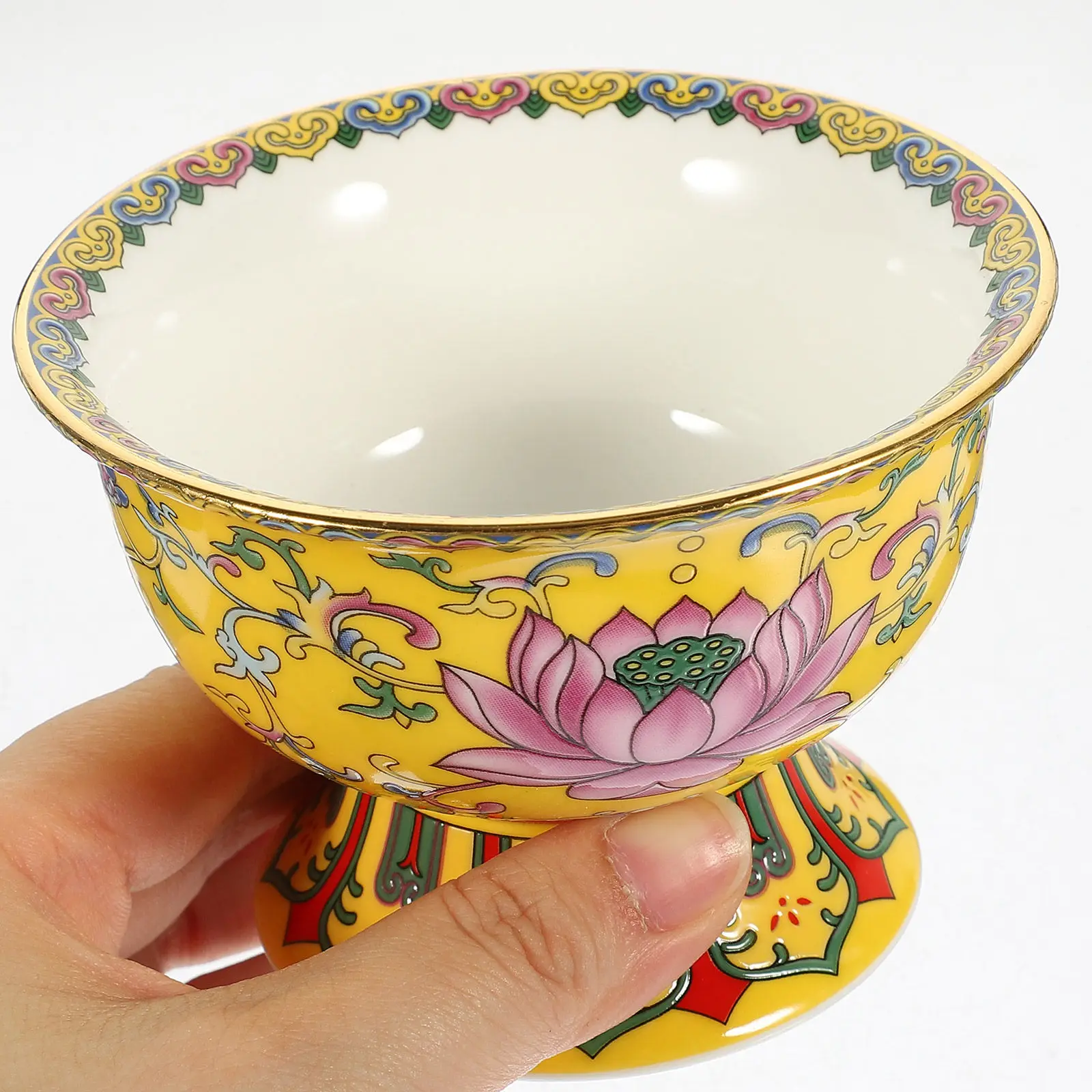 

1Pcs Enamel Lotus Ceramic Temple Bowl Buddhist Offering Worship Rice Holder Multi Functional Decor Ceramic Bowl Craft