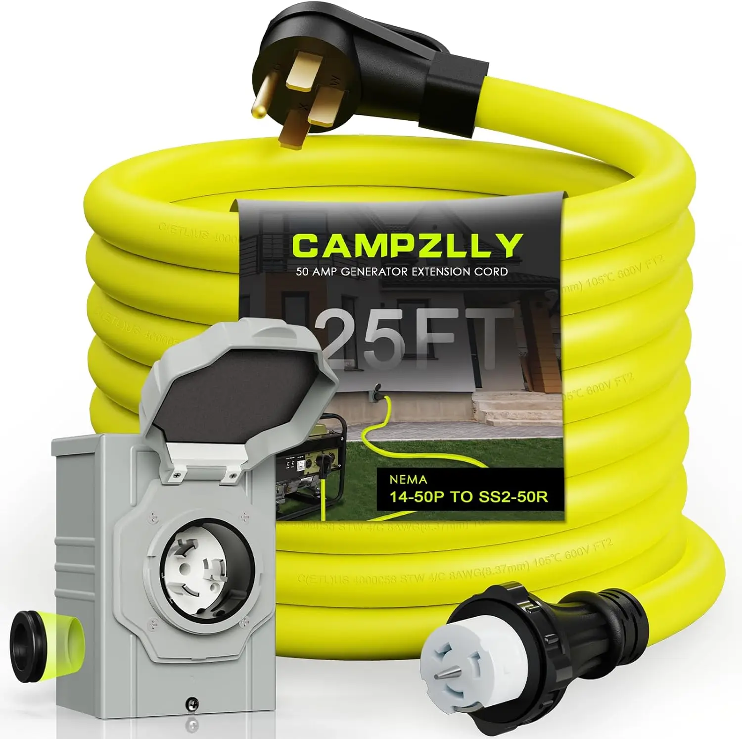 50 Amp Generator Cord 25FT and Power Inlet Box, NEMA 14-50P Male to SS2-50R 125/250V Twist Lock Connector EV Parts