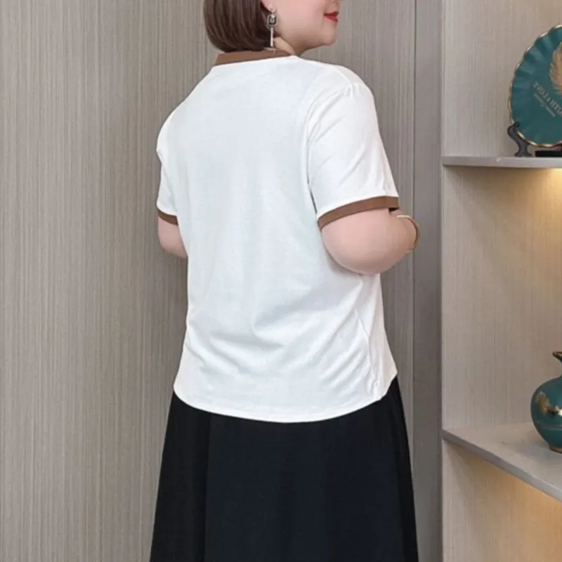 T-shirt à Manches Courtes en Coton pour Femme, Vêtement de Grande Taille, pour Documents, Été, 2024