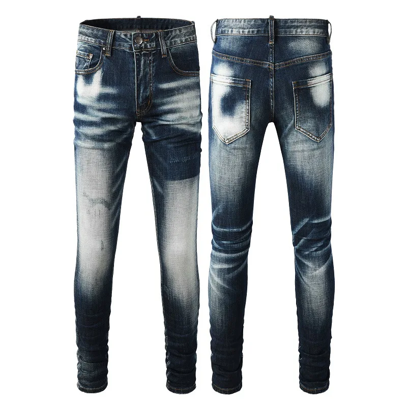 

Mens Ripped Jeans Fashion D2 Retro Blue Denim Pants with Patch Design Stylish