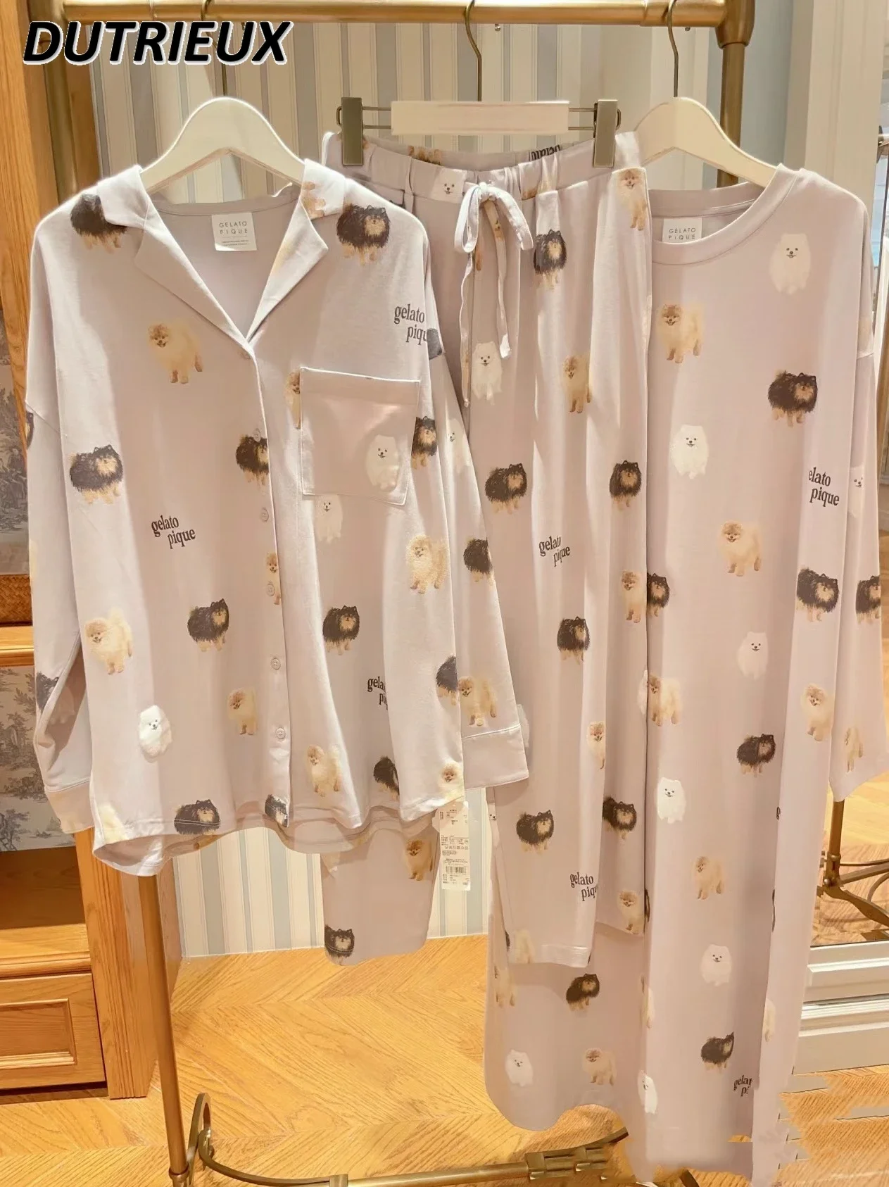 Pijamas japoneses con solapa de dibujos animados para mujer, ropa de casa suave de algodón Modal, cárdigan de manga larga, pantalones, primavera y otoño, nuevo