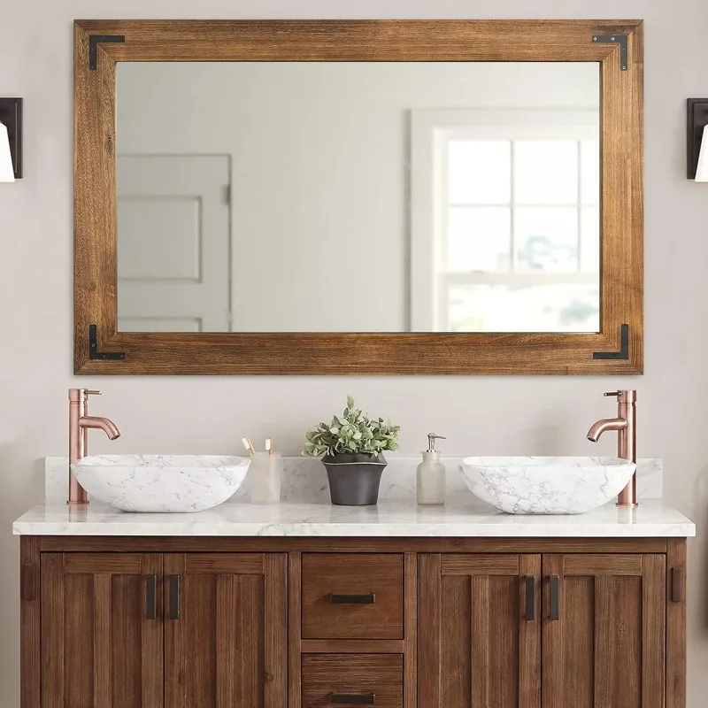 Natural Wood Bathroom Vanity Mirror for Farmhouse Decor, Vertical or Horizontal Hanging, 60