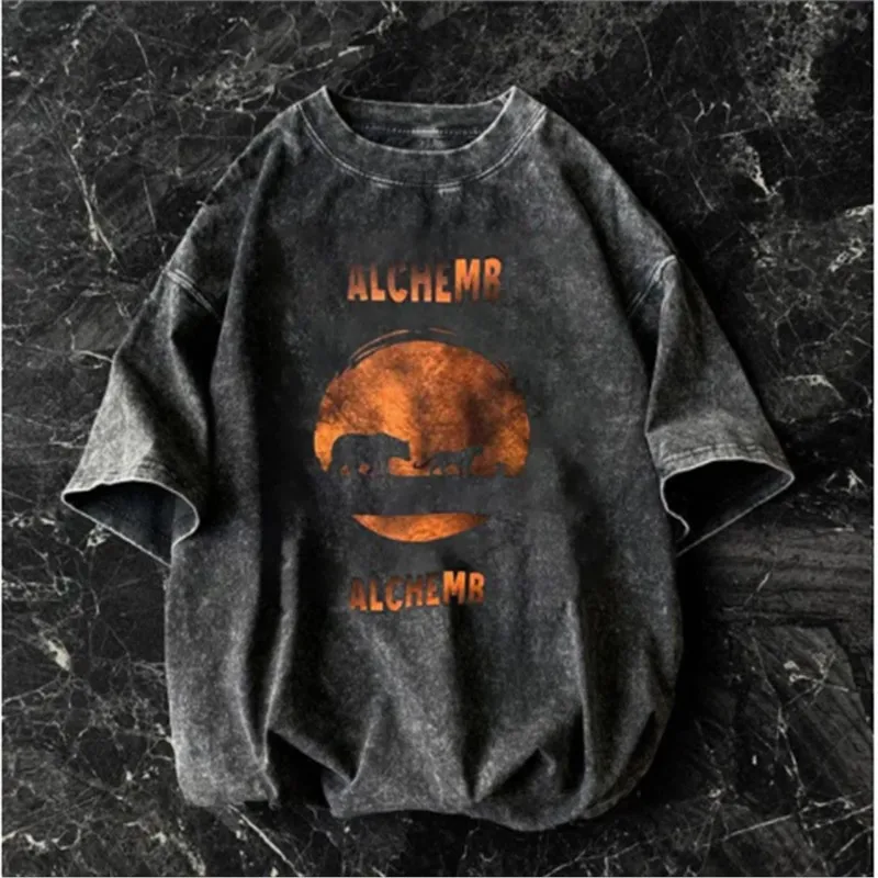 Camiseta Vintage Negra Lavada para Hombre y Mujer, Verano 2025, Estampado Estético de Naturaleza, Atardecer y Bosque, Cuello Redondo, Manga Corta, Estilo Holgado