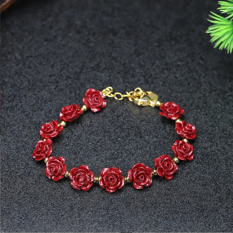 Vermilion Rose Bracelet with Purple Gold Sand Inlaid Rose Bracelet