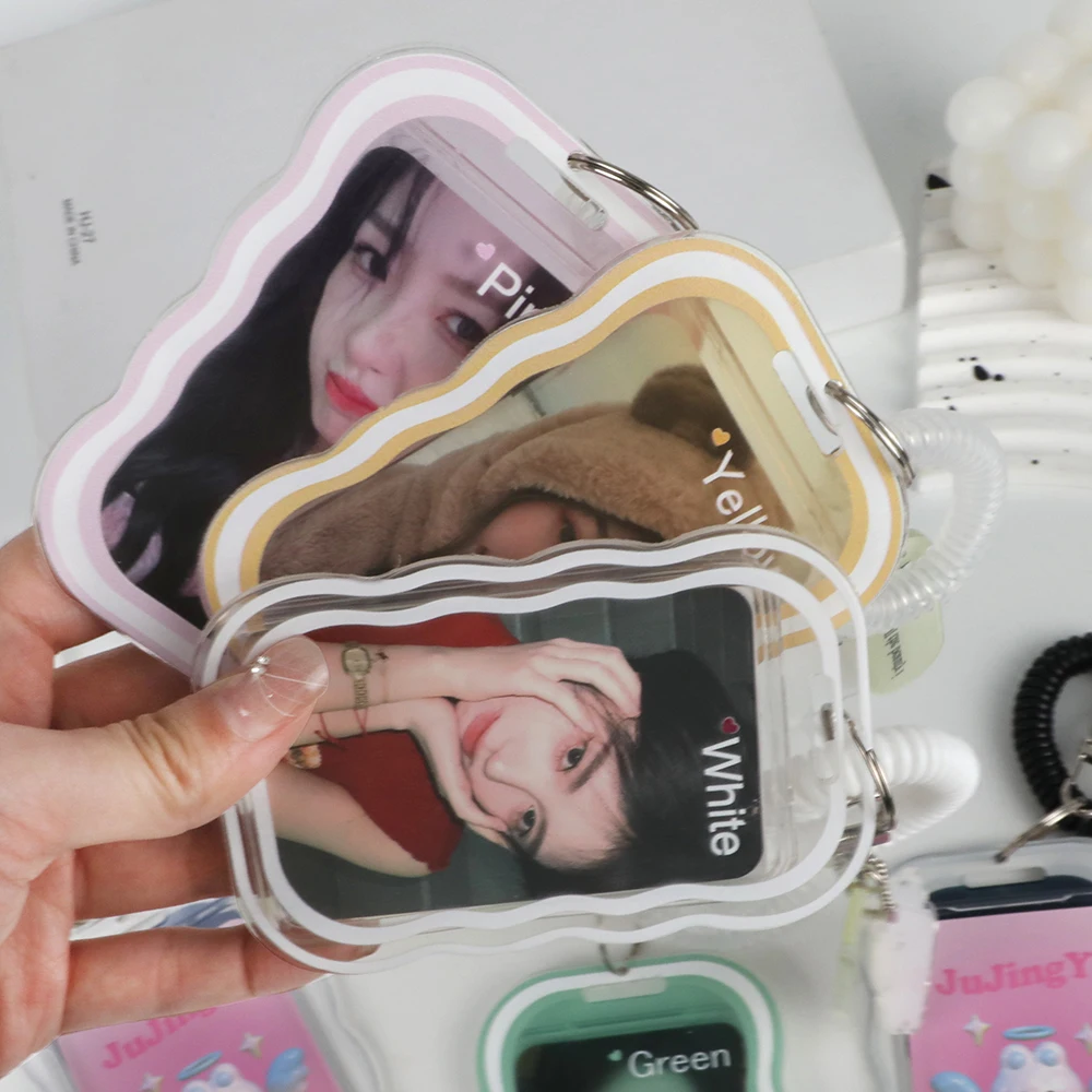 Transparent  Photo Sleeves Candy Color Key Chain Wave Cloud Shaped Card Holder Card Holder With Bear Pendant Anti-Loss Chain