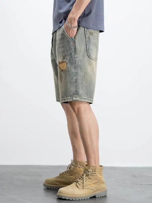 

Ripped Denim Shorts for Men Casual Loose Vintage American Style Summer Thin Straight Leg Five-Point Pants Youth Active Wear