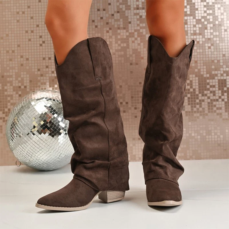 

Thick Heel Suede Knee High Boots Women Elegant Pleated Pointed Toe Brown Long Boots Woman Slip On High Heel Botas Ladies