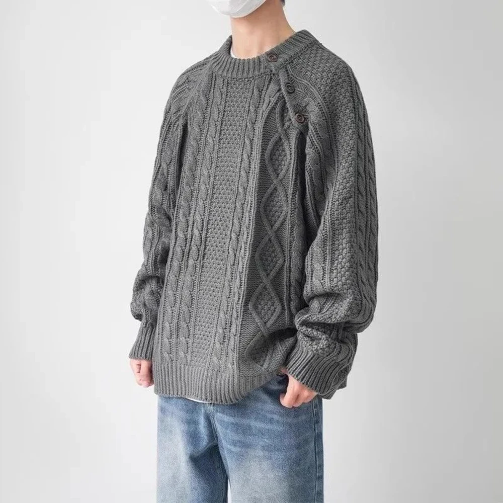 Mens Sweater Twist Texture Side Button Knitted Sweater Streetwear Fashion Youth Campus Versatile Long Sleeve Tops Men'S Clothing