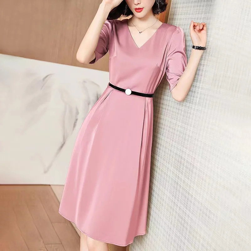 

Pink Satin Dress Women's Summer 2022 New V-neck Waist Five-Point Sleeve A-line Dress Urban Elegant Office Casual Dress