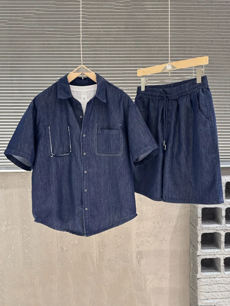 

High-End Summer American Retro Denim ort-Sve irt Set Men's Casual Waed Workwear orts Two-Piece Set Youth Polyester