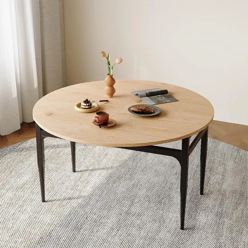 

Extendable Round Dining Room Table, 55in Large Dining Table with Metal Legs, Wooden Rectangle Expandable Kitchen Table,