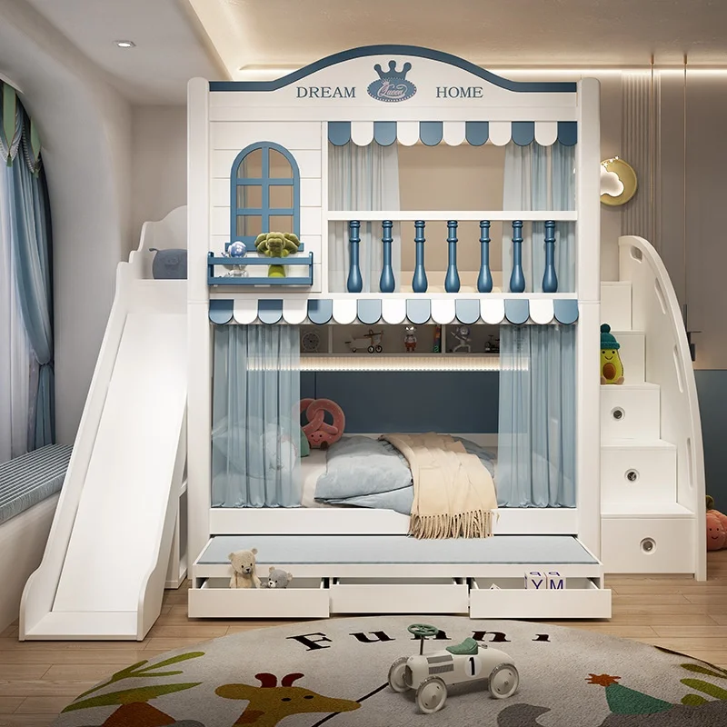 

Cost-effective modern boy style bunk bed with storage child safety lacquered wooden bed