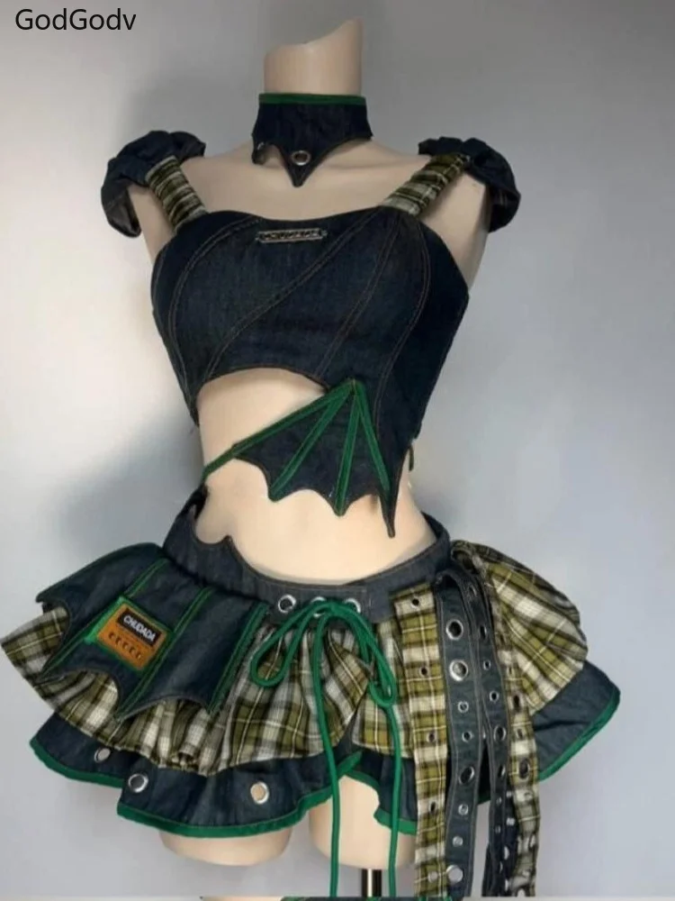 

Summer Punk Harajuku Plaid Denim Patchwork Bat Wing Cami Mini Skirt 2 Piece Set Women Slim Fit Ruffle Eyelet Clubwear Outfit