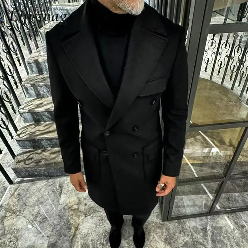 Casual Solid Color Outdoor Woolen Trench Windbreaker Mens Fall Winter Vintage Turn-down Collar Buttoned Woolen Overcoats Male