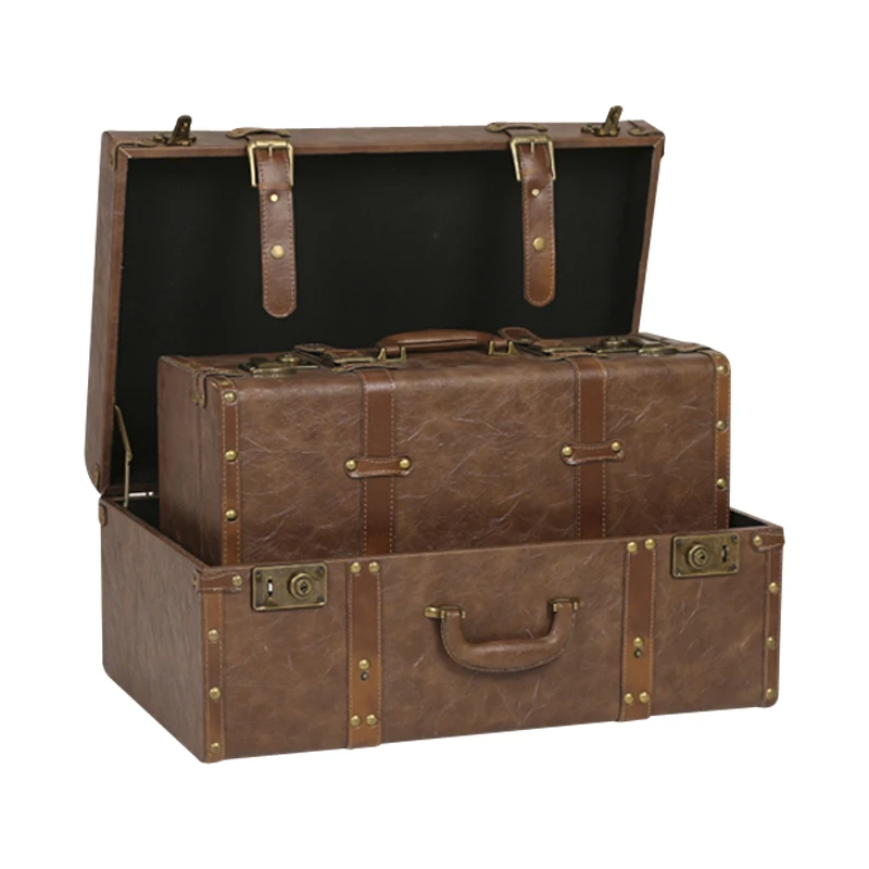 Customized Vintage Travel Suitcases PU Leather Home Hand Clothing Luggage Organizers Boxes Large Capacity Wood Box Prop Suitcase