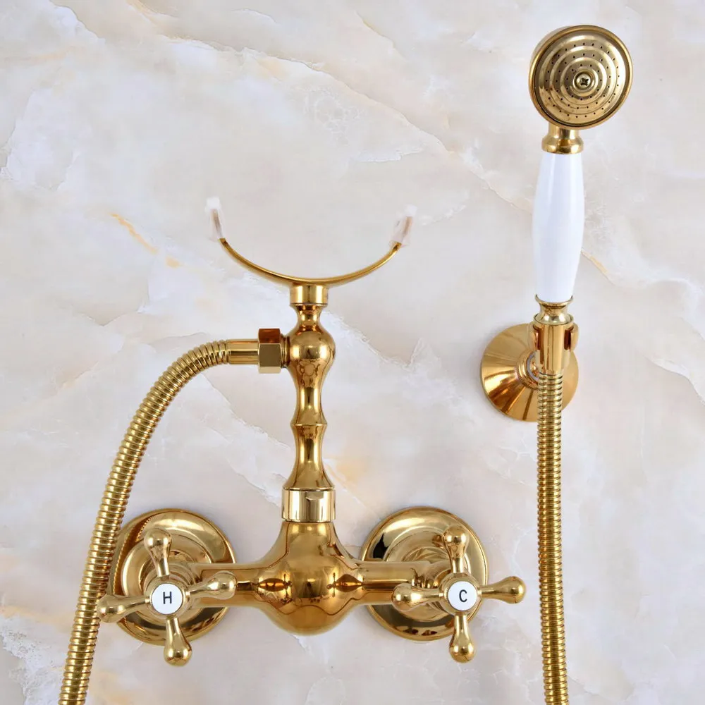 

Luxury Polished Gold Color Brass Wall Mounted Bathtub Faucet with Handheld Shower Set +1500MM Hose Mixer Tap 2na943