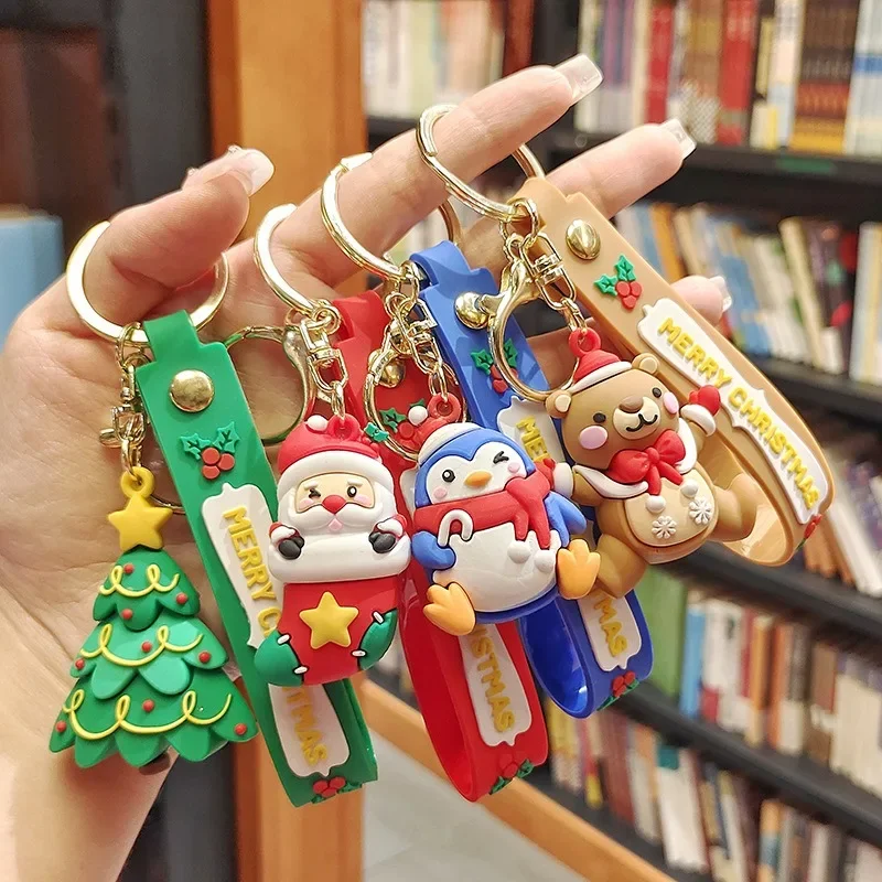 Christmas Cute Cartoon Pendant PVC Keychain Santa Claus Candy Reindeer Hat Tree Gift Keyring Car Chains  for Men and Women