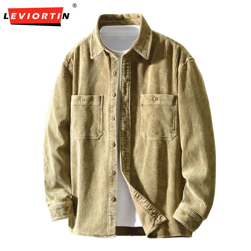 

2025 весенне-осенняя мужская модная простая свободная однотонная повседневная верхняя куртка в американском стиле ретро, вельветовая рубашка с длинными рукавами