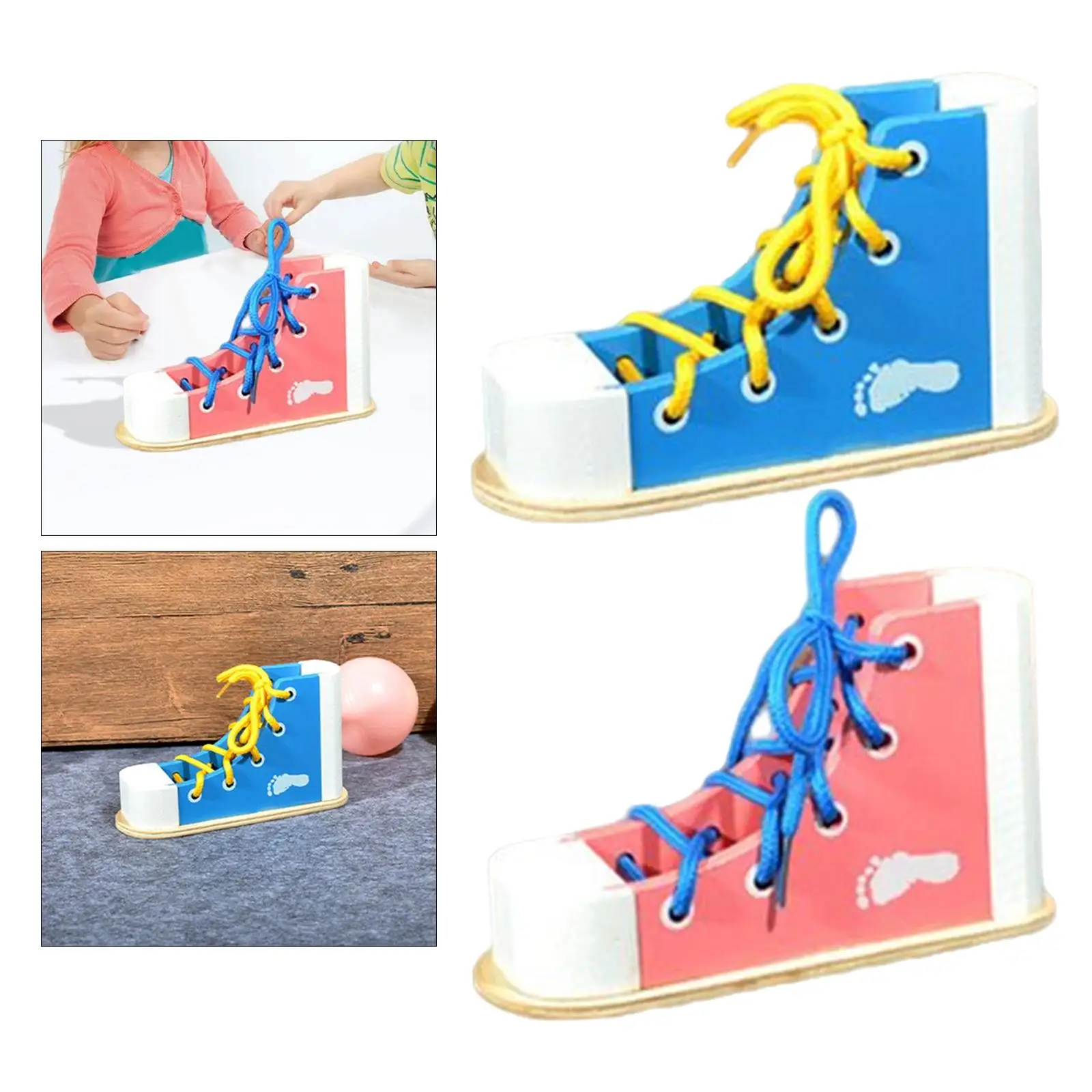 2Pcs Montessori Wood Lacing Shoe Toy Learn to Tie a Shoe Educational Toy for Children Kids