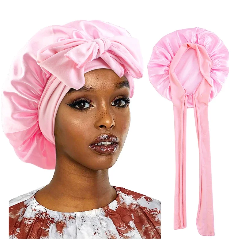 New Satin Sleeping Cap for Women Solid Wide Band Stretch Head Tie Silky Bonnet Edge Wrap Nightcap Hair Care Shower Head Cover