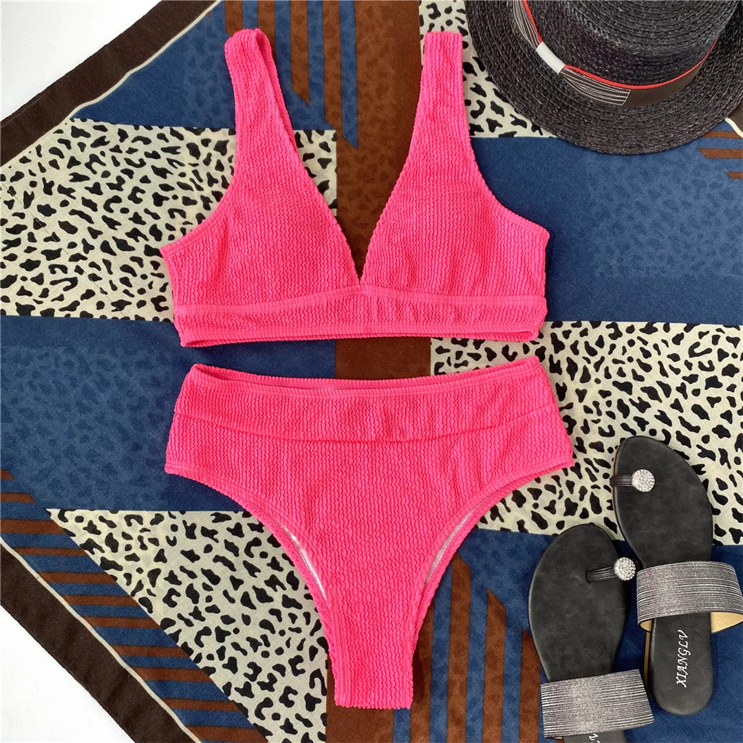 Gefalteter, geraffter Damen-Badeanzug mit V-Ausschnitt, hochtaillierter Bikini, zweiteiliges Bikini-Set, Badebekleidung, Badeanzug, Modell V3590. – Detail 35