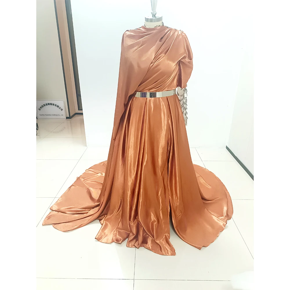 Luxury Arabic Orange Brown Long Sleeve Evening Dress with Cape Dubai Beaded Elegant Women Wedding Party Gowns