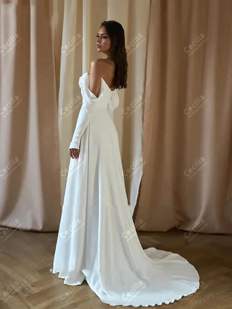 Basit saten gelinlik A-Line kapalı omuz gelinlikler o-boyun Backless elbiseler resmi parti için 2024 Vestidos De Vestidos