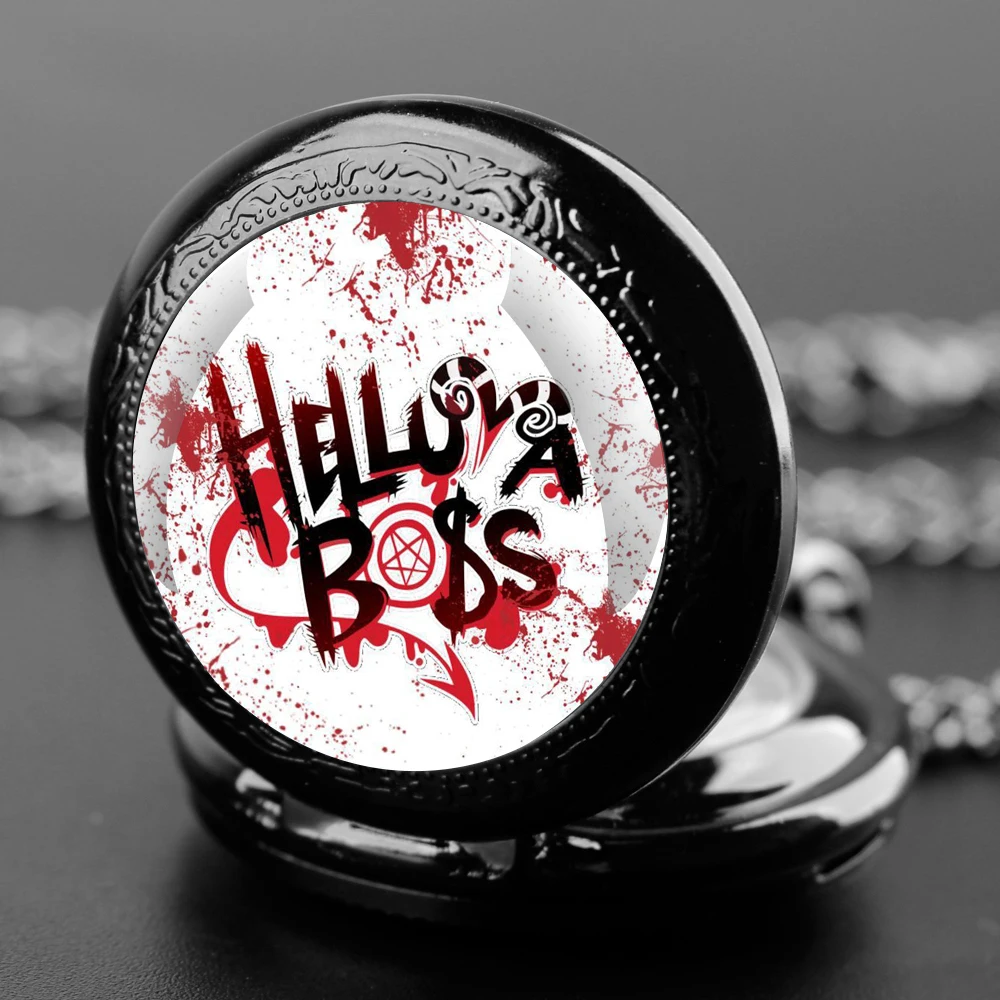 Hot Anime Helluva Boss Glass Dome Pocket Watch with Chain Necklace Vintage Quartz Pendant Watches Mens Women Gifts for Kids